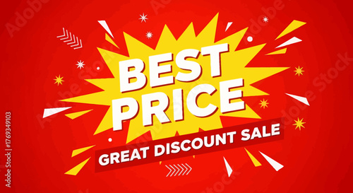 Bold 'Best Price Great Discount Sale' text bursts on a dynamic red and yellow background.