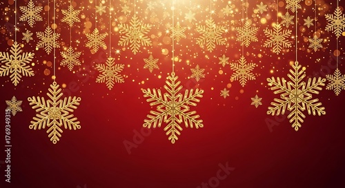 red christmas background with hanging gold snowflakes, sparkles, and bokeh lights
