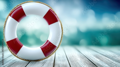 Life preserver rests on wooden table safety equipment displayed on natural wood surface