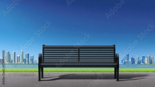 Bench on concrete sidewalk facing city urban scene features bench positioned on sidewalk before city skyline