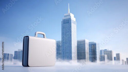 Suitcase sits before urban cityscape personal baggage rests against modern city panorama