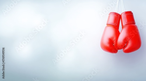 Red boxing gloves hang on rope prepared for training gloves are suspended on rope awaiting next intense match