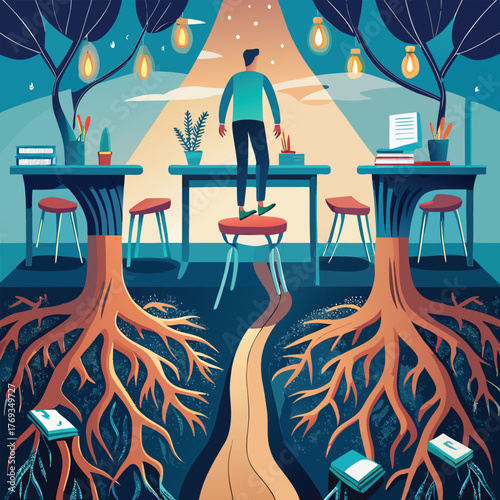 Roots of Knowledge – Surreal Study Room with Trees, Books, and Growth Path Vector Illustration