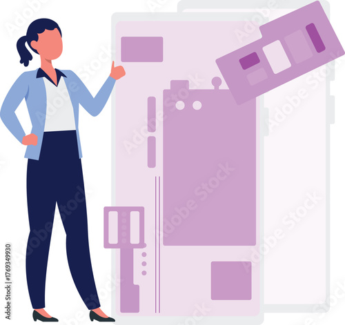 A girl is explaining architect drawing plan