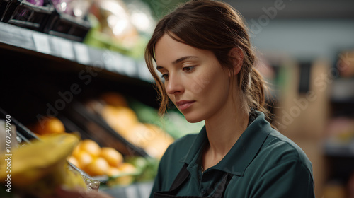 Female grocery worker checking quality of vegetables
