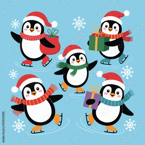 Cute Christmas Penguins Ice Skating with Gifts | Adorable Winter Holiday Illustration for Kids