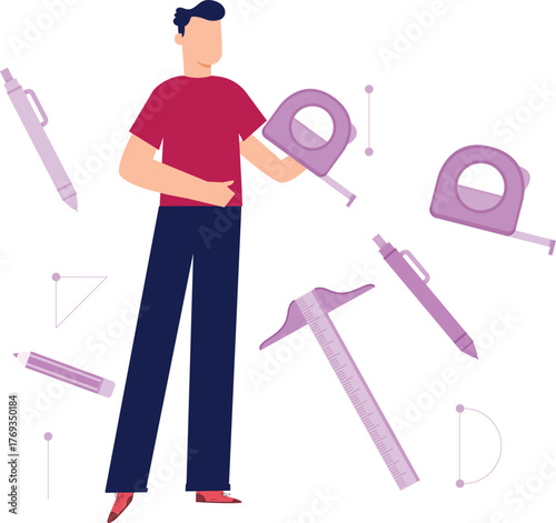 The boy is holding measurement tape.