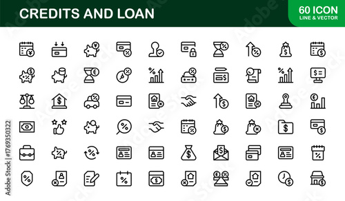 Credits Loan Banking Finance Modern Line Icon Set – Professional Minimal Outline Vector Icons for Financial Services and Lending Solutions