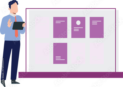 The boy is making product manual on monitor