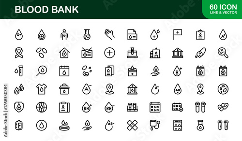 Blood Bank Icons – Professional Line Icon Set – Modern, Minimal Vector Collection for Medical Donation, Transfusion, and Healthcare Systems
