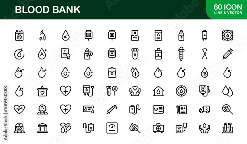 Blood Bank Icons – Professional Line Icon Set – Modern, Minimal Vector Collection for Medical Donation, Transfusion, and Healthcare Systems