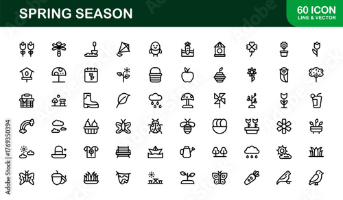 Spring Line Icon Set – Modern Minimal Vector Icons for Seasonal Branding, Floral Designs, and Fresh Themes