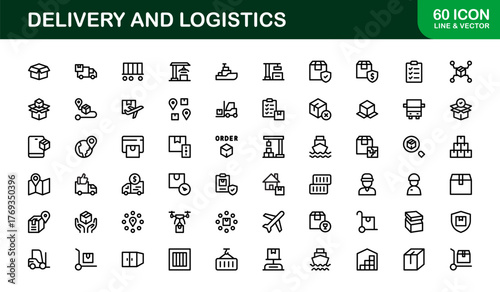 Delivery and Logistics Icon Set in Vector Style Featuring Shipping, Transport, Package, and Supply Chain Symbols
