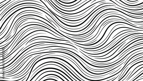 Abstract monochrome background with flowing, wavy black lines creating a dynamic and organic pattern on a white surface.