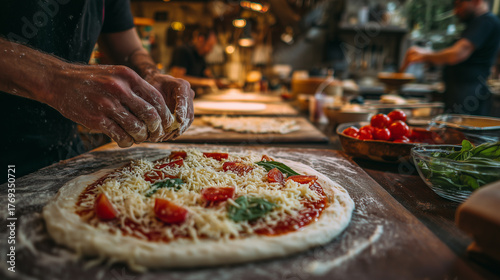 Chefs prepare fresh pizzas with vegetables in bustling kitchen