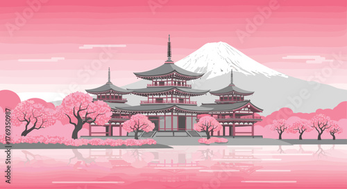 Stunning Japanese pagoda with cherry blossoms and Mount Fuji backdrop evokes peace and tranquility for travel and cultural projects