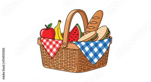 Delightful picnic basket filled with fresh fruit, sandwiches, and bread for a sunny outdoor feast, perfect for family fun and summertime joy