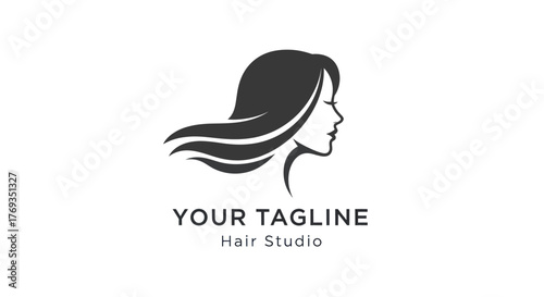 Elegant woman silhouette logo with flowing hair for a beauty salon.
