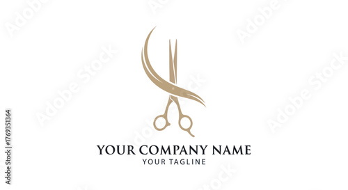 Elegant Golden Scissors Cutting Hair Strands Logo Design.