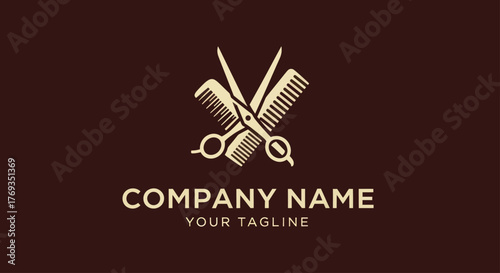 Elegant Barber Shop Logo Featuring Scissors and Comb in Gold.