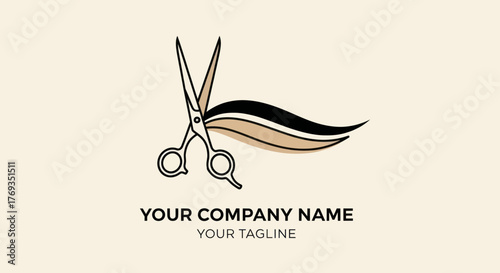 Hair salon logo featuring scissors and flowing hair strands for styling.