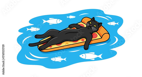Humorous illustration of a black cat relaxing on a pizza slice in a blue water body