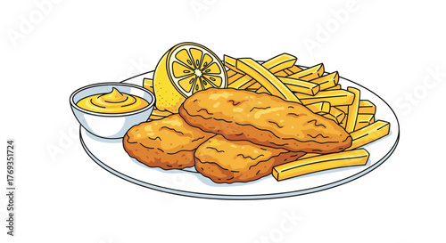 Crispy fish and chips with fresh lemon and flavorful dipping sauce, a delicious lunch or dinner option, perfect for food blogs