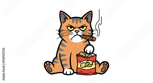 Grumpy Tabby Cartoon Character with Cigar and Snack, Illustrating a Relaxed, Comical Theme