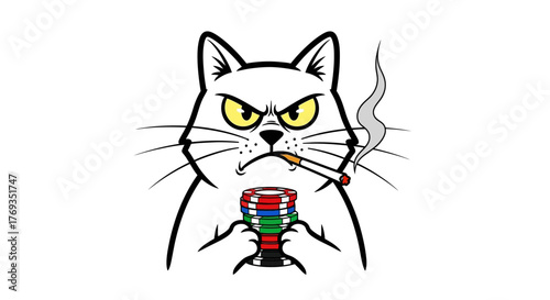 Grumpy feline gambler cartoon character with a cigarette and poker chips illustration