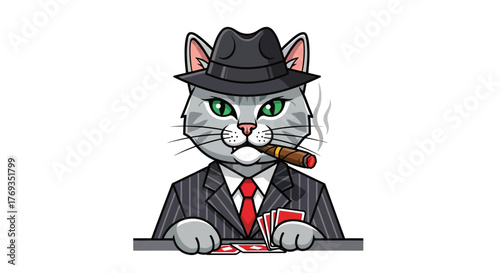 Cartoon depiction of a cat dressed as a mobster playing poker with a cigar smoking