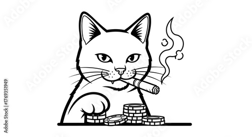 Sophisticated feline gambler illustration in a black and white line drawing style