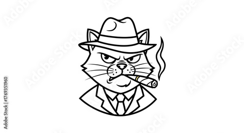 Cartoon cat dressed as a gangster, smoking a cigar, wearing a hat and suit illustration