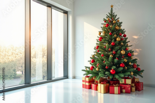 Elegant Christmas tree in office. Modern holiday decoration with space for text. Festive tree with red and gold ornaments.