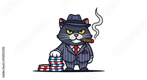 Cartoon cat dressed as a gangster with poker chips and a cigar isolated on white background