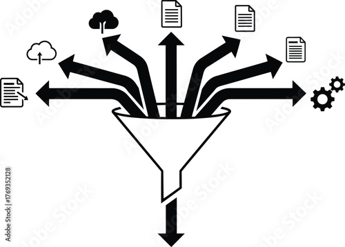 A reverse distribution funnel diagram illustrating a single source or input being processed and split into multiple different outputs including cloud storage, documents, and system settings.