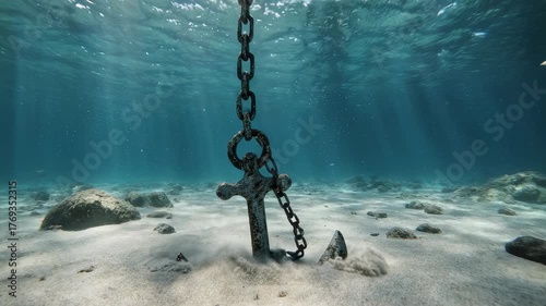 Old rusty anchor resting on seabed under clear water, illuminated by sunlight rays.