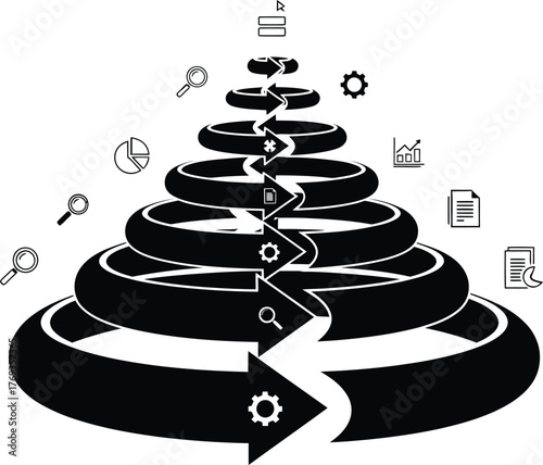 A multi-level conical funnel diagram illustrating a hierarchical flow of data from broad search and analysis down to a final process and document with icons for business analytics, gear, and files.