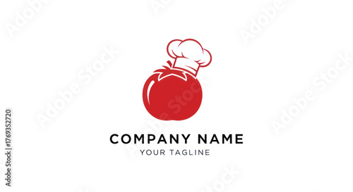 Gourmet red tomato wearing a white chef hat logo design.