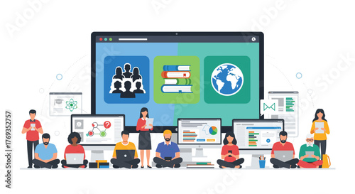 Engaging online learning community with diverse students and educators collaborating on digital platforms for global education and success