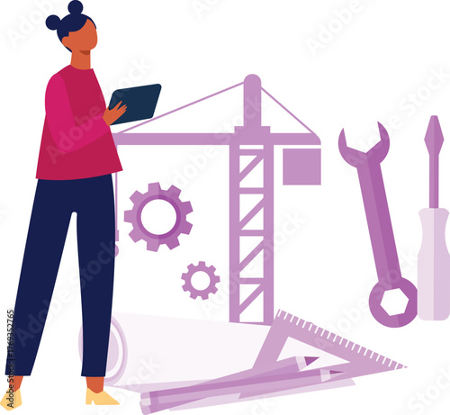 The girl is pointing construction tools