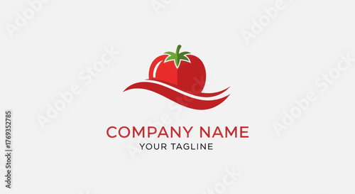Tomato logo design with red fruit and green stem on a wavy line for food company.