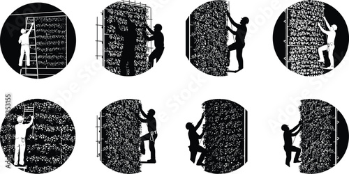Construction workers climbing scaffolding wall silhouette set, industrial safety training concept, teamwork on building maintenance and vertical structure repair illustration.