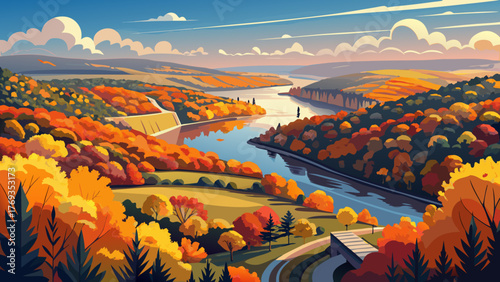 Very beautiful panoramic view of the Delaware River between Bucks County, Pennsylvania, and Hunterdon County, New Jersey, seen from Bowman’s Hill Tower, surrounded by vivid autumn foliage and golden 