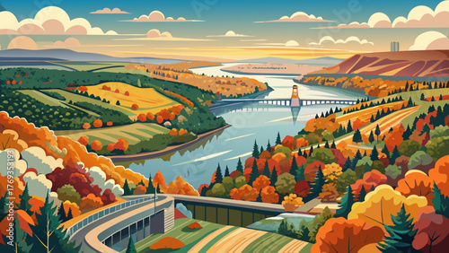 Very beautiful panoramic view of the Delaware River between Bucks County, Pennsylvania, and Hunterdon County, New Jersey, seen from Bowman’s Hill Tower, surrounded by vivid autumn foliage and golden l