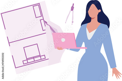 The girl is working about architect construction on laptop.