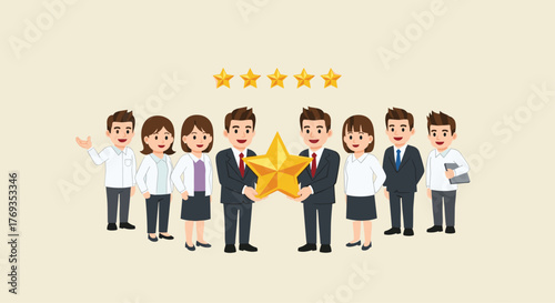 Happy team celebrating five-star performance together, achieving business success, and building a positive reputation with high quality standards