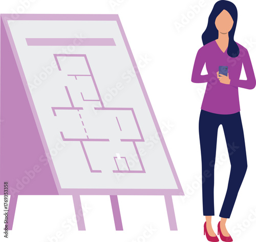 The girl is working about construction map