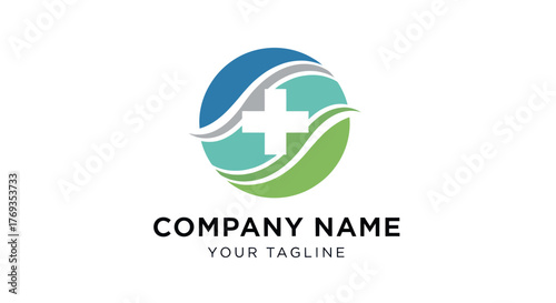 Medical Logo Design with Cross Symbol in Circle with Green and Blue Elements.
