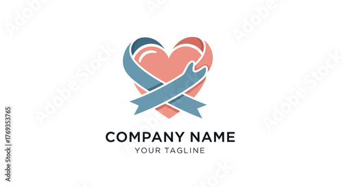 Heart embracing ribbon logo design for charity and support concept.