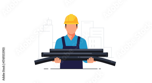 Dedicated construction worker carrying pipes at a modern building site, ready for a hard day's work